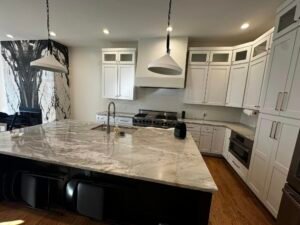 Two-tone kitchen with refinished cabinets and island, Cincinnati